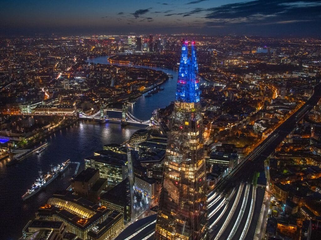 3 Shard Lights 2019 are switched on illuminating the London skyline 15 Best Things To Do in London at Night